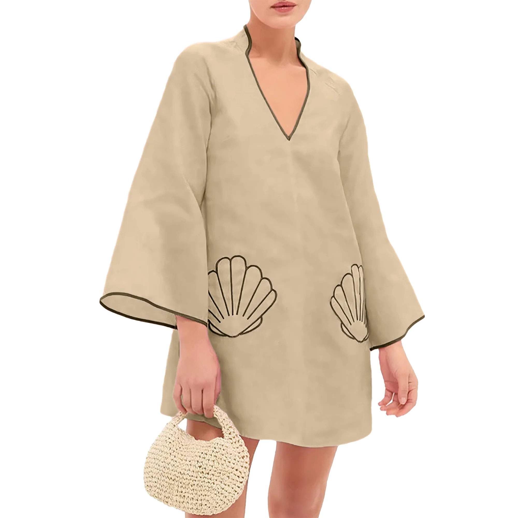 Czanzd Women's V-Neck Babydoll Mini Dress 3/4 Sleeve Loose Fit Summer Cover Up with Shell Embroid... | Walmart (US)