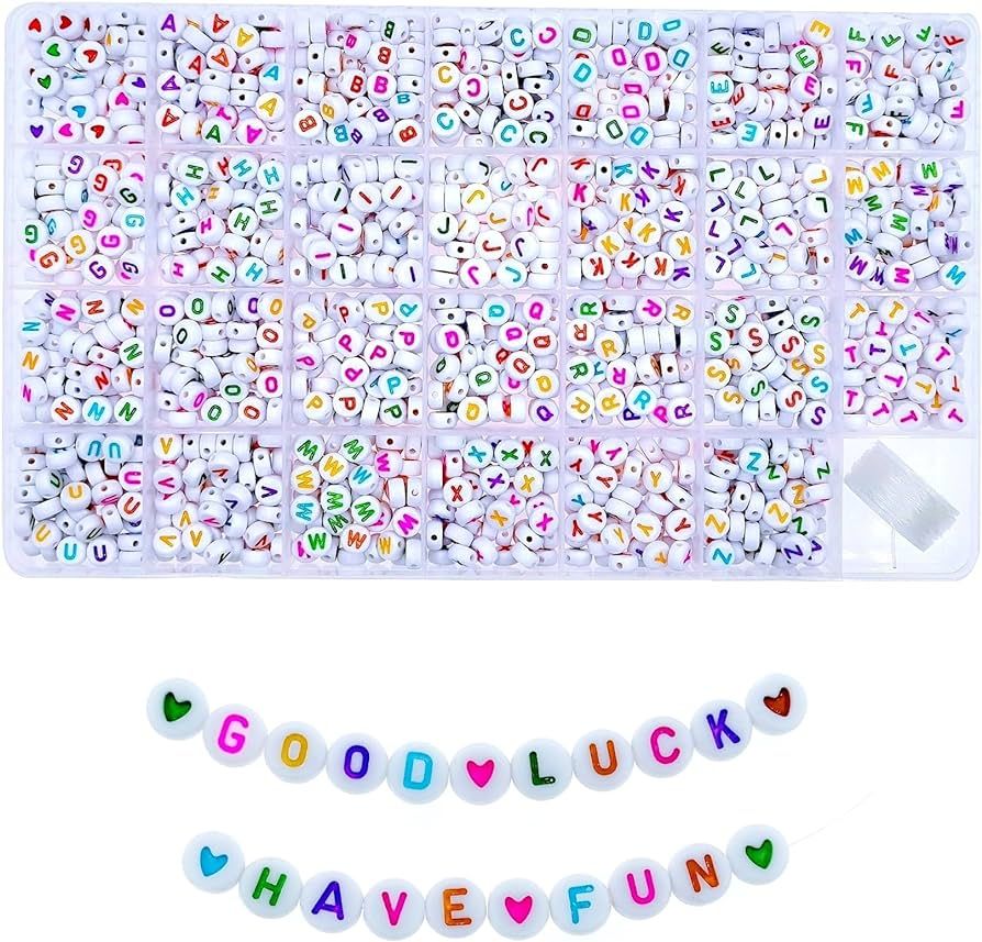Amaney 1400 Pieces 4x7mm Alphabet Beads White Round Acrylic Colorful Letter Beads A-Z Heart Patte... | Amazon (US)