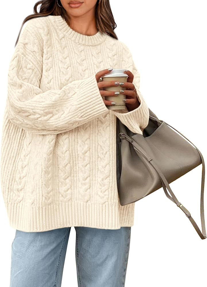 Okiwam Women's Oversized Sweaters Crewneck Cable Knit Pullover Casual Loose Fall Outfits Fashion ... | Amazon (US)