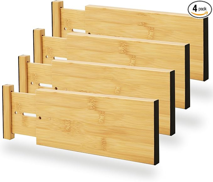 BAMEOS 4" High Bamboo Drawer Dividers - Adjustable Small Drawer Organizer - Kitchen, Dresser, Bat... | Amazon (US)