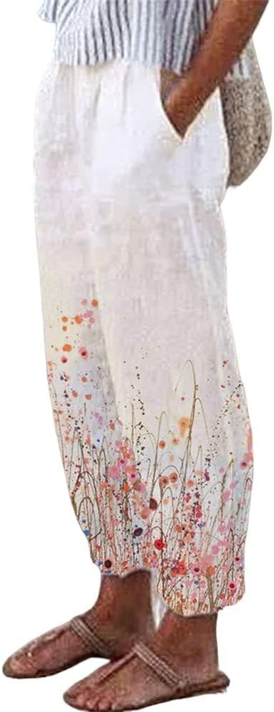TIAFORD Women's Cotton Linen Floral Printed Pants Casual Elastic Waist Crop Trousers with Pockets | Amazon (US)