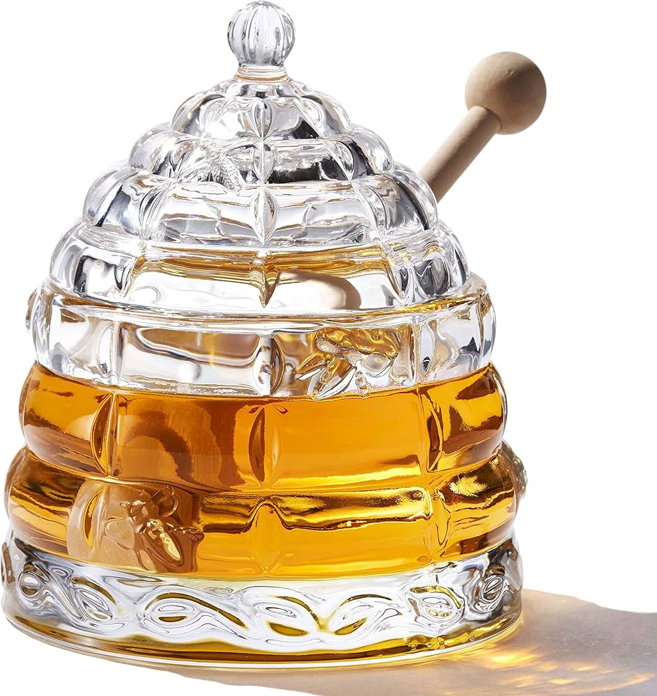 Honey Jar with 2 Dippers - Glass Beehive Honey Jar with Wooden Dipper - 9 OZ Honeycomb Pot and Li... | Amazon (US)