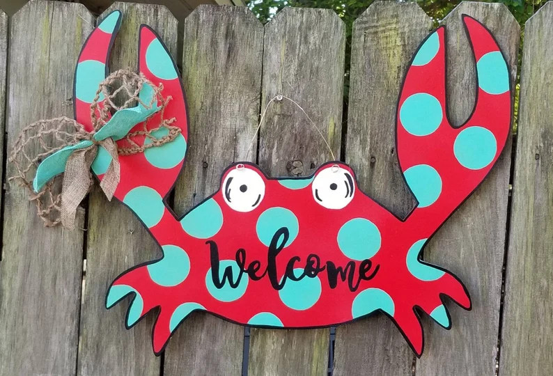 22x16 Teal Red Crab Polka Dot Burlap Bow and Copper Hanger | Etsy | Etsy (US)