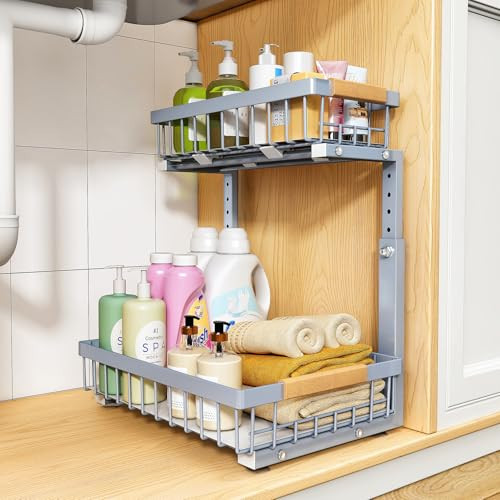 PXRACK Under Sink Organizer, Adjustable Height, 2 Tier Pull Out Under Cabinet Organizer, Slide Out Thickened Metal Under Sink Storage for Kitchen Bathroom Laundry Pantry Cabinet, Grey, Large-1-Pack | Amazon (US)