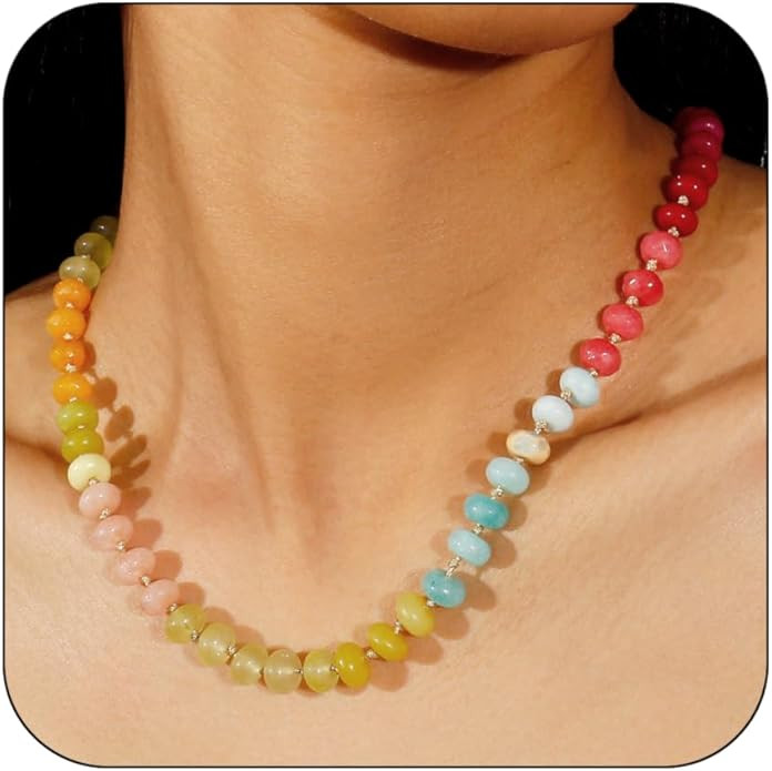 Gemstone Beaded Necklace for Women Colorful Natural Stone Freshwater Pearl Surfer Beach Rainbow N... | Amazon (US)