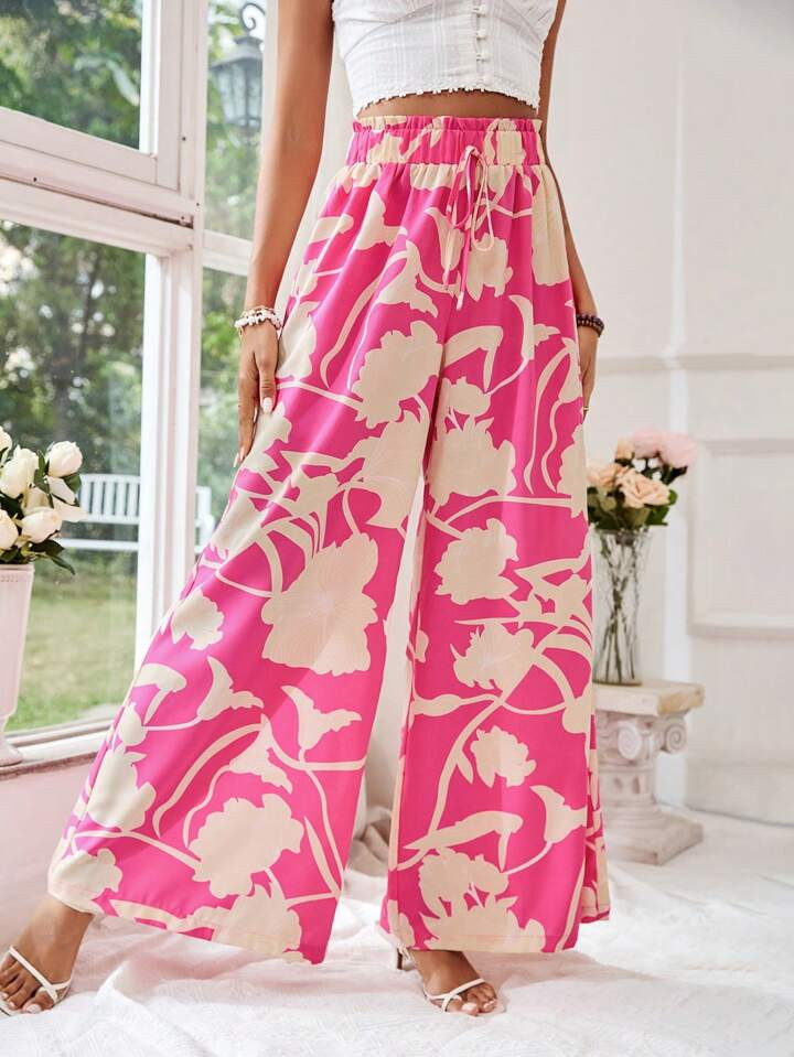 SHEIN VCAY Women's Holiday Plant Print High Waist Palazzo Pants | SHEIN