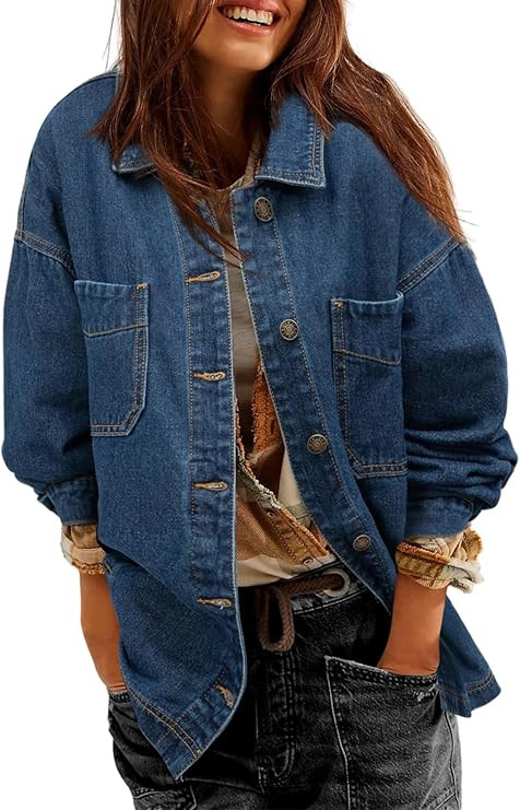 Sidefeel Women's Jean Jacket Oversized Boyfriend Button Up Long Sleeve Split Zimbaplatinum Denim ... | Amazon (US)