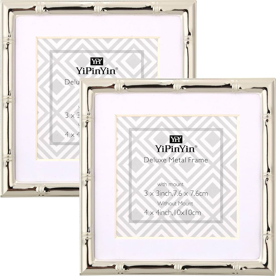 YiPinYin 4x4'' Silver Bamboo Metal Picture Frame with 3x3'' Mat Set of 2, 3x3'' Narrow Elegant Si... | Amazon (US)