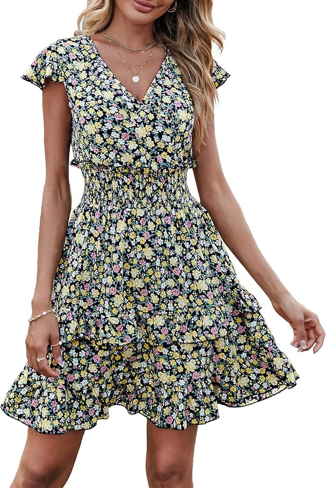 PRETTYGARDEN Womens Summer Dresses Boho V Neck Floral Print Ruffle Sleeve Layered Mini Dress Cute... | Amazon (US)