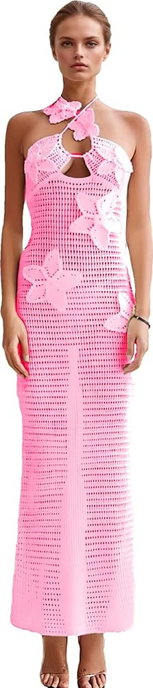 RanRui Women's Halter 3D Flower Knitted Hollow Out Beach Dress balckless Open Back Swimsuit Cover... | Amazon (US)