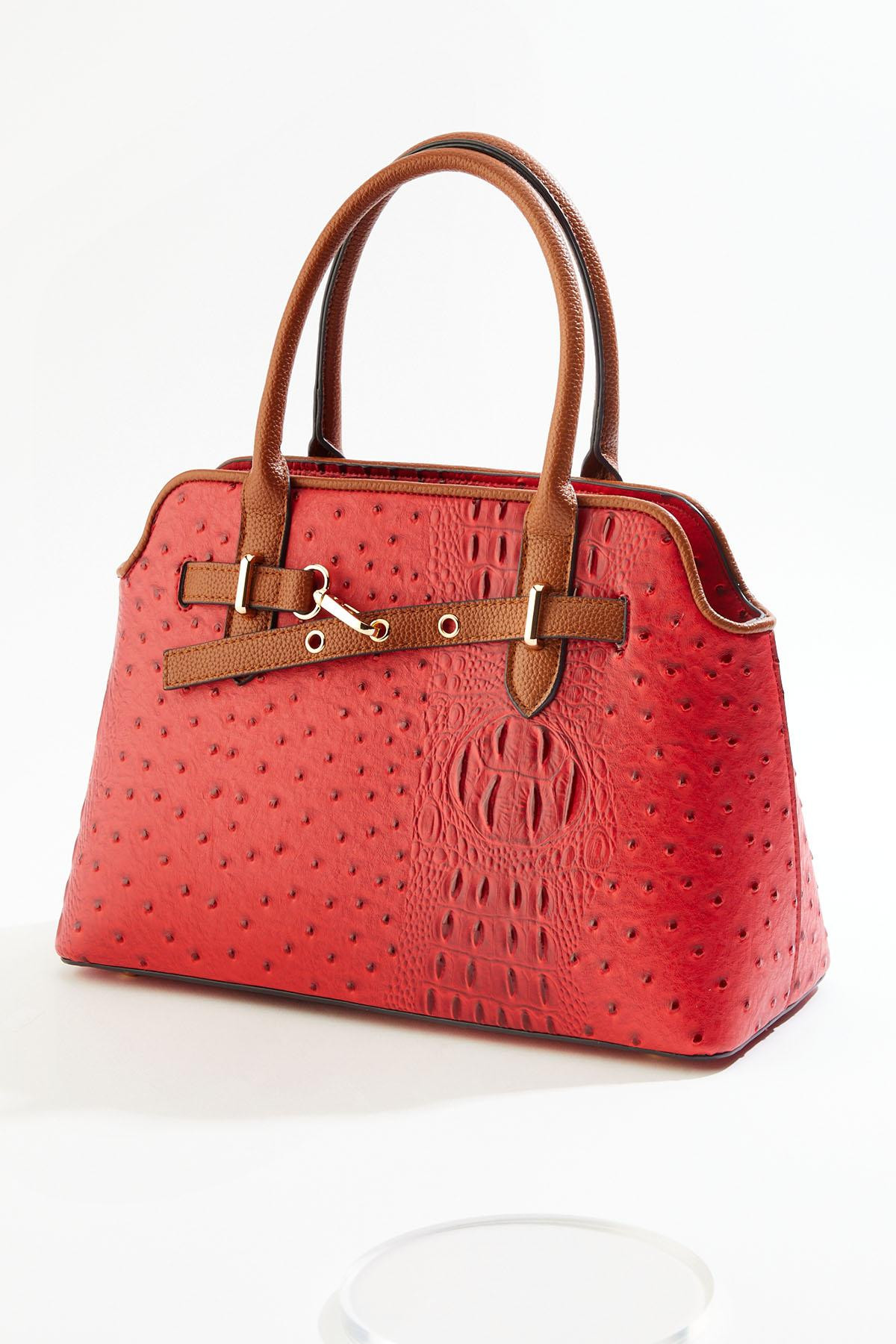 Belt Front Textured Red Satchel | Cato Fashions