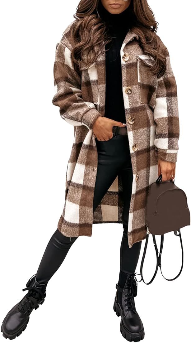 PUWEI Women's Long Flannel Plaid Jacket Shacket Cozy Lapel Button Down Shirt Jacket Fuzzy Trench ... | Amazon (US)