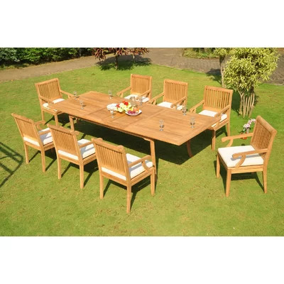 8 Seat 9 Piece Grade-A Teak Wood Dining Set: 117" Double Extensions Rectangle Dining Table & 8 Sack Arm/Captain Chairs #01Skh | Perigold