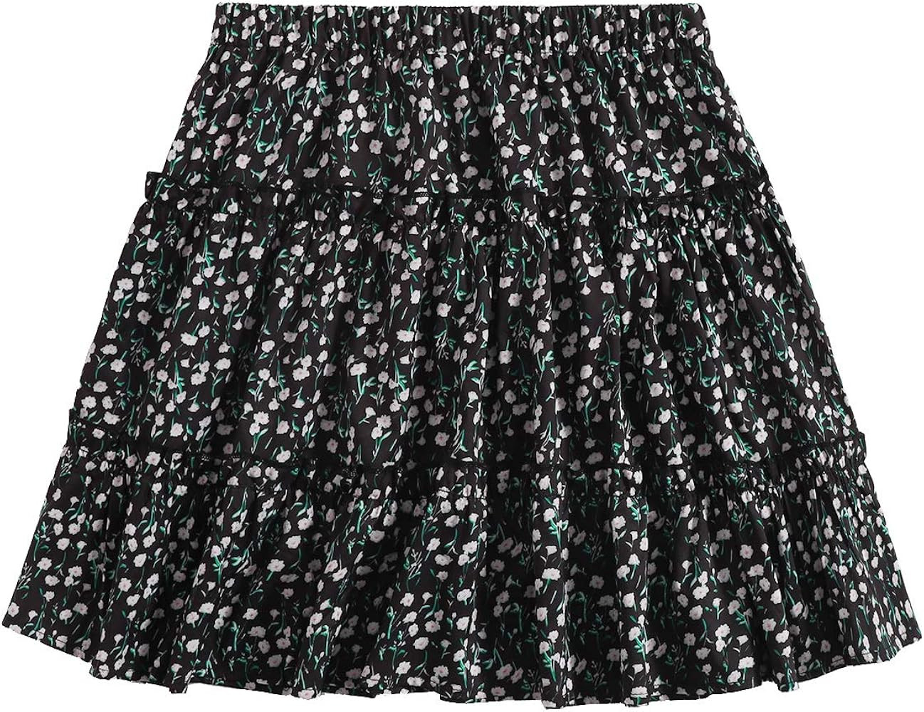 SheIn Women's Boho Floral Print Layered Frill Trim Ditsy Mini Short Flared Skirt | Amazon (US)