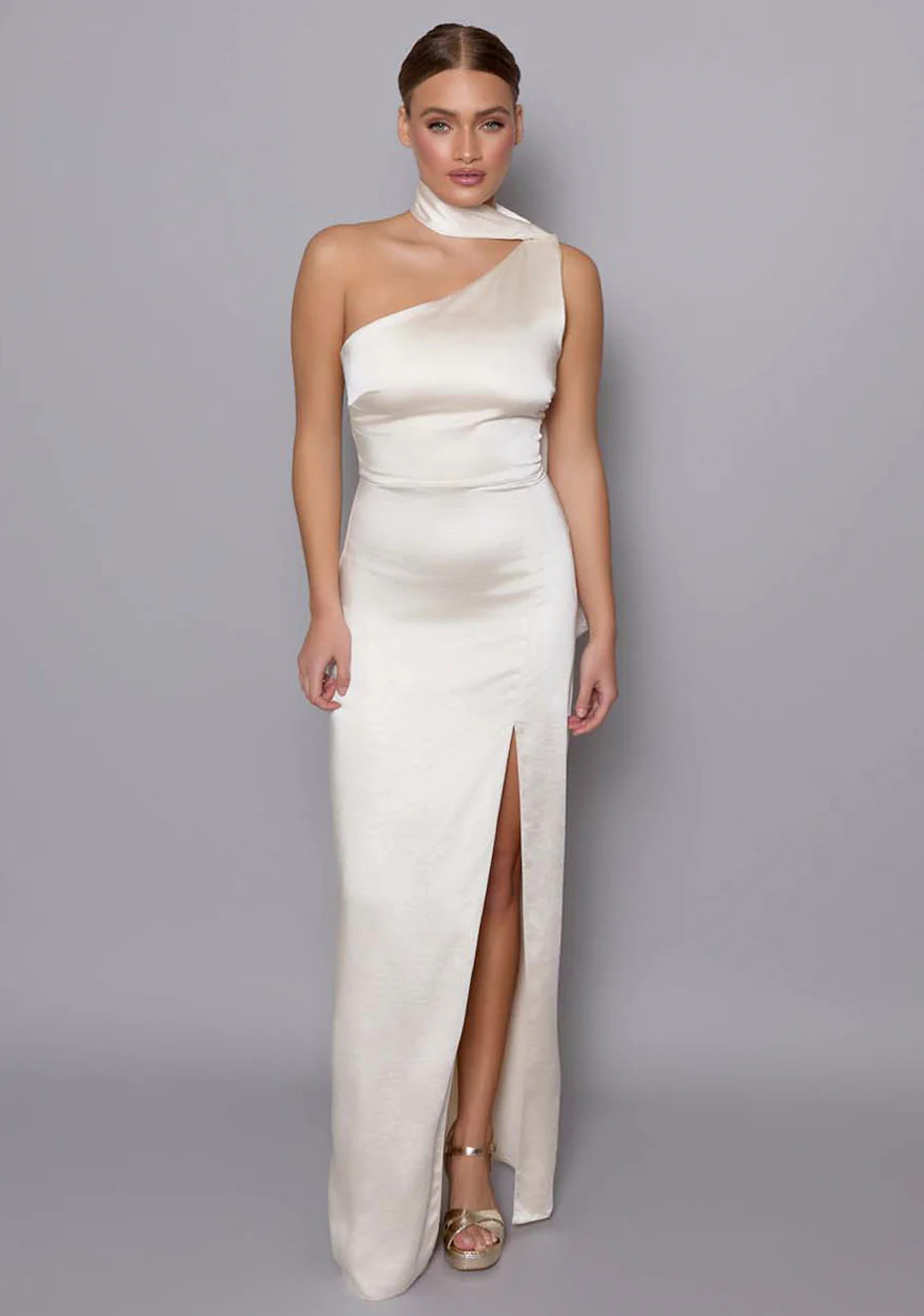 Cordula | One Shoulder Scarf Detail Cream Maxi Dress | VSPR UK
