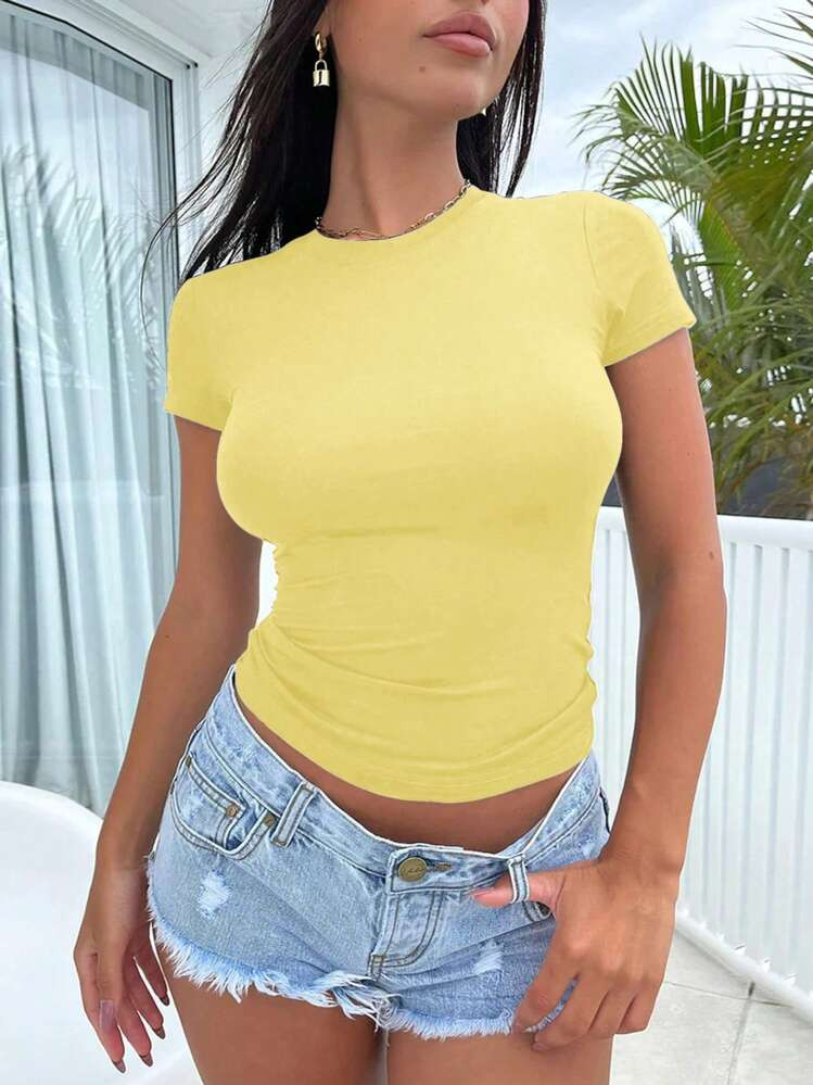 INAWLY Women's Summer Solid Color Round Neck Short Sleeve Casual T-Shirt | SHEIN