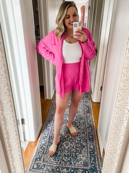 Top on sale 20% off This pink pool to party matching set is EVERYTHING! Paired it back to one of my favorite bodysuits, and these cutie slides. // vacation ourfit // cover up // spring ourfit 


Top-medium 
Bodysuit- large 
Shorts-large



#LTKFindsUnder50 #LTKMidsize #LTKSaleAlert