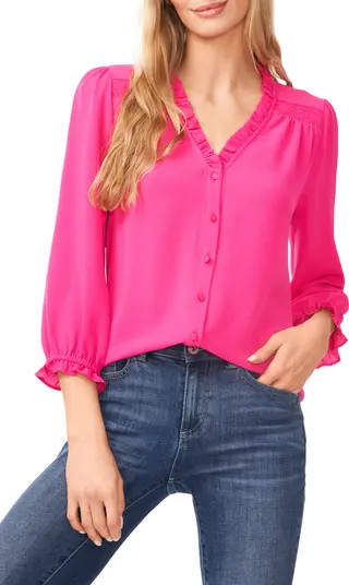 CeCe Ruffle V-Neck Blouse in Green at Nordstrom, Size X-Large | Nordstrom