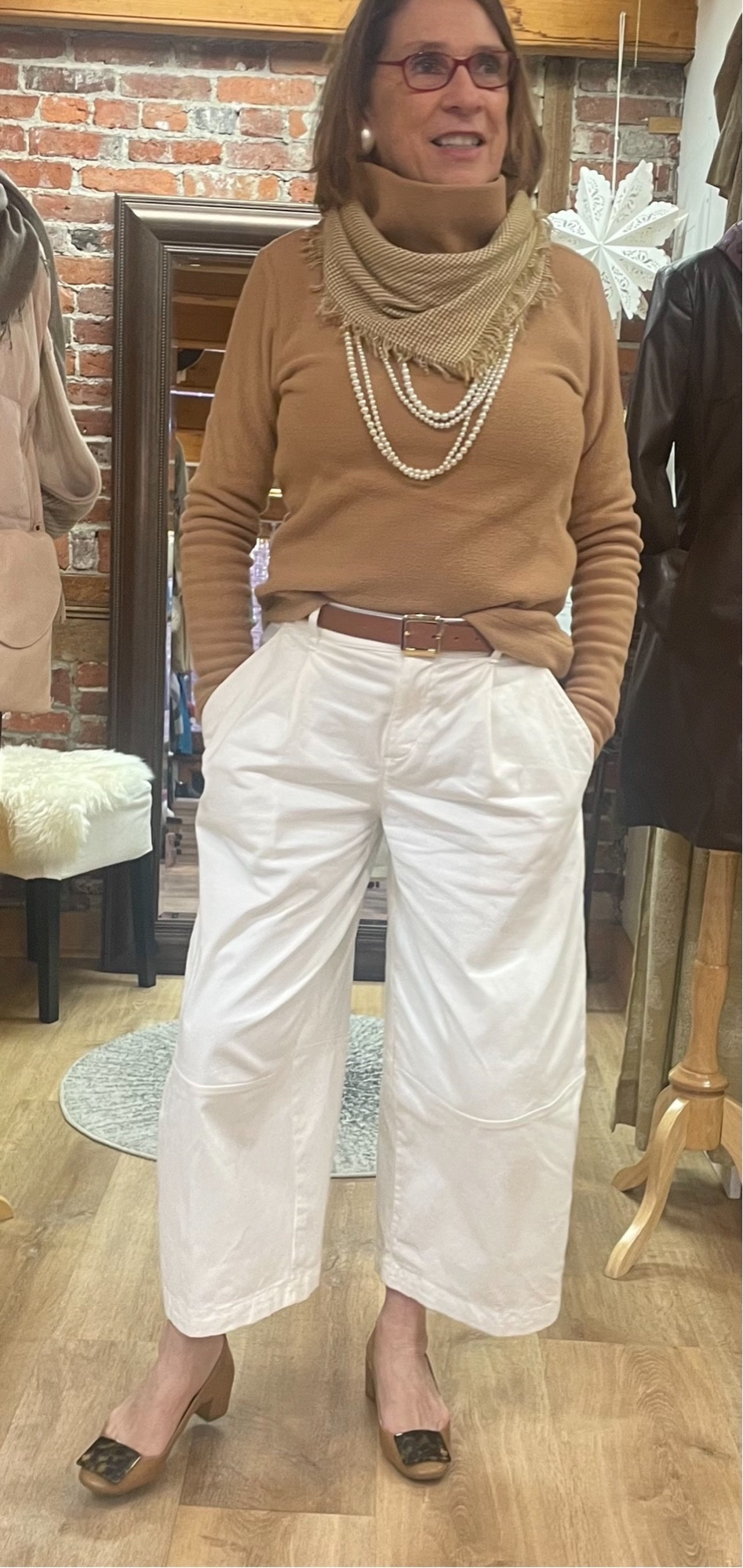 Dudley Stephens Camel Park Slope Top - White barrel pants - Cozy - Dress it up with a pair of heels and pearls  

#LTKfindsunder50 #LTKsalealert #LTKstyletip
