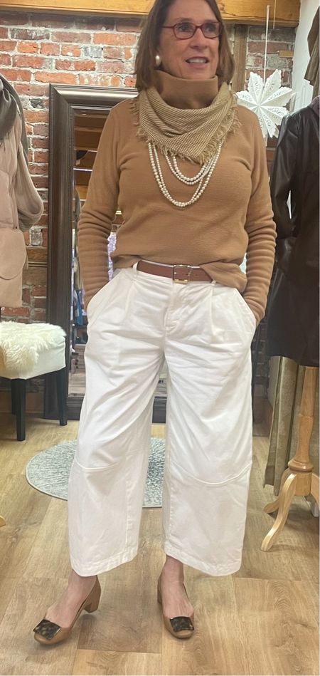 Dudley Stephens Camel Park Slope Top - White barrel pants - Cozy - Dress it up with a pair of heels and pearls  

#LTKfindsunder50 #LTKsalealert #LTKstyletip