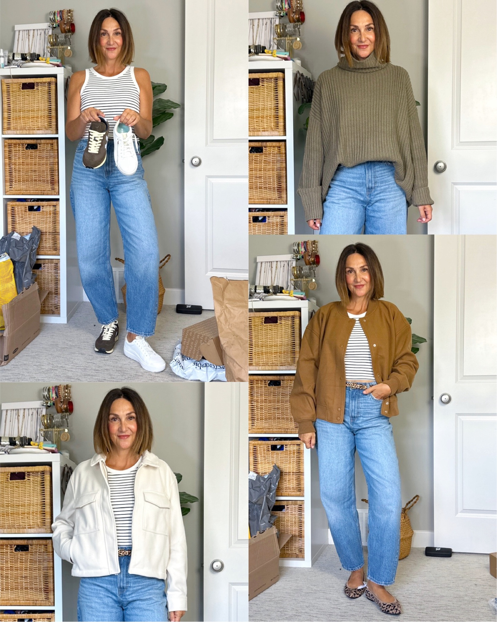 Quick try on of a few new items! I’m 5’ 7” size 4ish:
- H&M barrel leg jeans fit tts
- Uniqlo cropped tank with built in bra also fits tts but I sized up to M cause it was more comfortable than S
- got my usual 7.5 in both sneakers, both are really cute and comfortable
- Oversized Free People sweater is maybe too but cause I sized up to M and definitely shouldn’t have but I love the style and knit and color
- leopard belt from Gap fits tts and is on sale
- leopard flats are so comfortable and I went up 1/2 size since they don’t come in half sizes 
- love both Old Navy jackets, got M in the white one and Small tall in the brown one


#LTKSaleAlert #LTKStyleTip #LTKShoeCrush