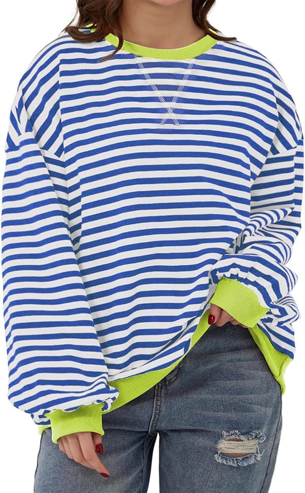 Eytino Women Plus Size Sweatshirt Striped Color Block Crew Neck Pullover Tops Long Sleeve Casual ... | Amazon (US)