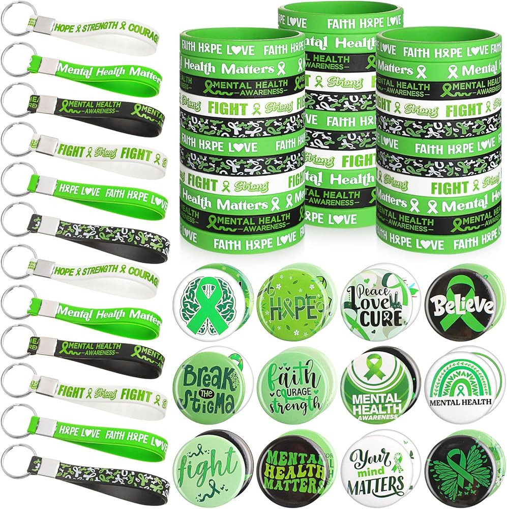 Equsion Mental Health Awareness Set Green Ribbon Bracelets Silicone Keychain Green Mental Health ... | Amazon (US)