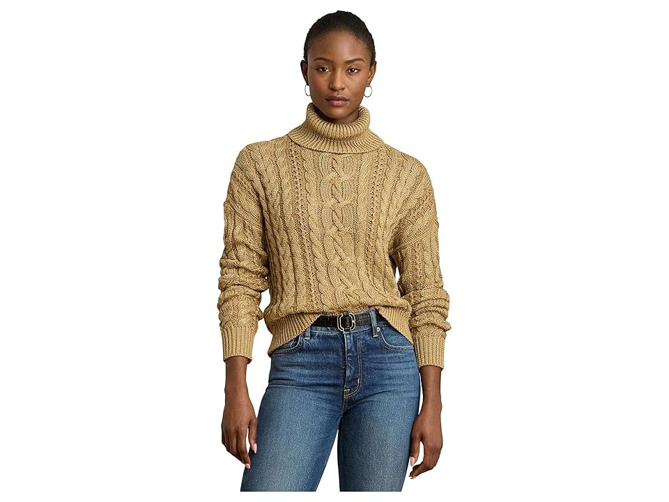 Lauren Ralph Lauren Metallic Cable-Knit Turtleneck Sweater Women's Sweater Relic Gold Metallic : XL, Cotton/Polyester/Viscose | Zappos