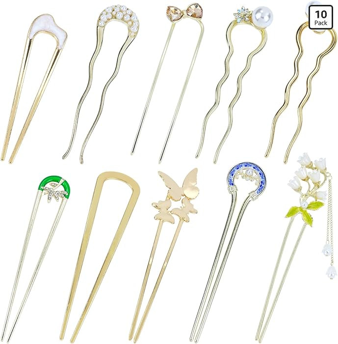 Lawie 10 Pack Cute Flower Butterfly U Shaped Gold Metal Hair Fork Pins Curved Chopsticks for Hair... | Amazon (US)