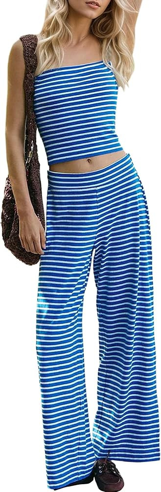 SAFRISIOR Summer 2 Piece Sets Strapless Crop Tube Top Striped Wide Leg Lounge Pants Matching Beac... | Amazon (US)