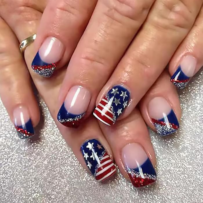 24Pcs 4th of July Press on Nails Short Square French Tip Fake Nails Independence False Nails with... | Amazon (US)