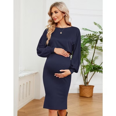 Maternity 2 Piece Outfits Dress Puff Long Sleeve Ribbed Knit Top Bodycon Midi Skirt Sets Baby Shower Photoshoot Navy Blue L | Target