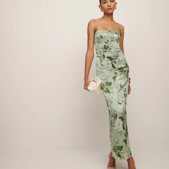 Reformation Frankie Silk Dress In Tea Garden, brand new, never worn. | Poshmark