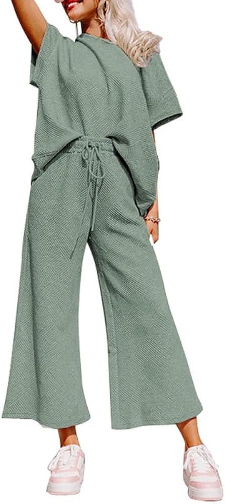 SHEWIN Women's 2 Piece Outfits Sweatsuit Casual Short Sleeve Pullover Tops and Drawstring Wide Le... | Amazon (US)