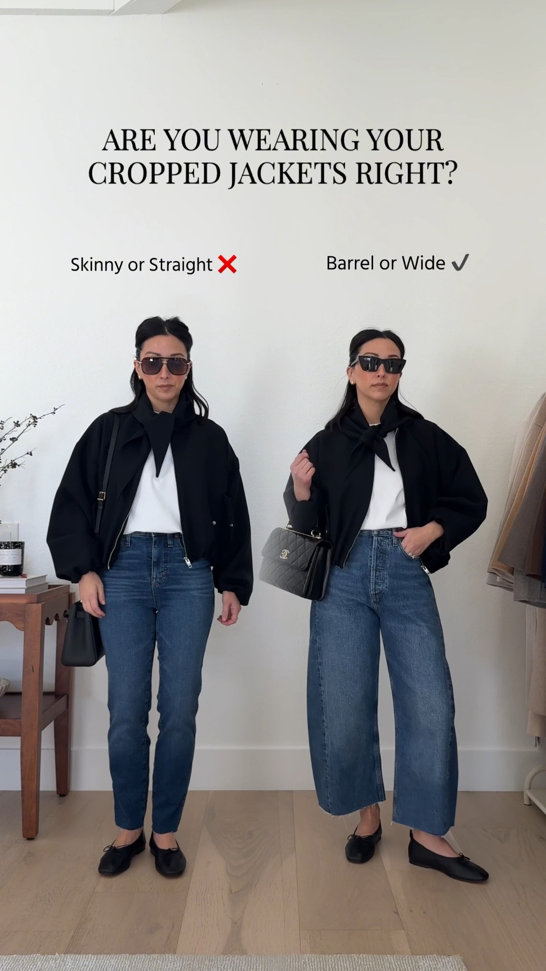 Cropped jackets create a hard horizontal line right at your waist, so they need to be worn with length or volume - full length wide leg, barrel, or anything flowy. 

Zara jacket small - could wear the xs
Madewell tee xs
AGOLDE Luna jeans 25 - cut hems
Everlane Way HIgh Sailor Jeans 25 - cut hems
Everlane Ballet flats 5
Chanel Trendy cc small
YSL Sunglasses
Quince earrings
Dorsey James Necklace 15"

#LTKPetite