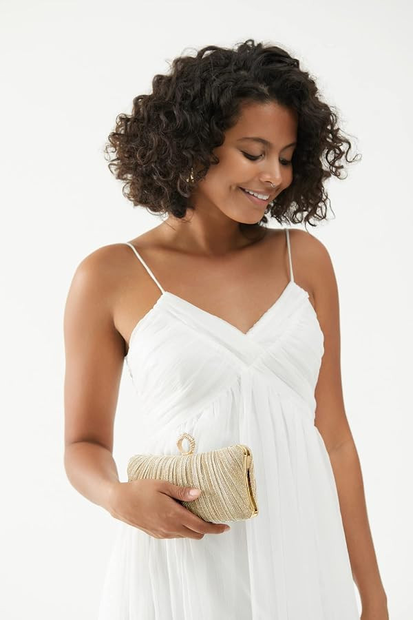 iWISH Womens Golden Glitter Clutch Purse Pleated Evening Bag for Bridal Wedding Party with Rhines... | Amazon (US)