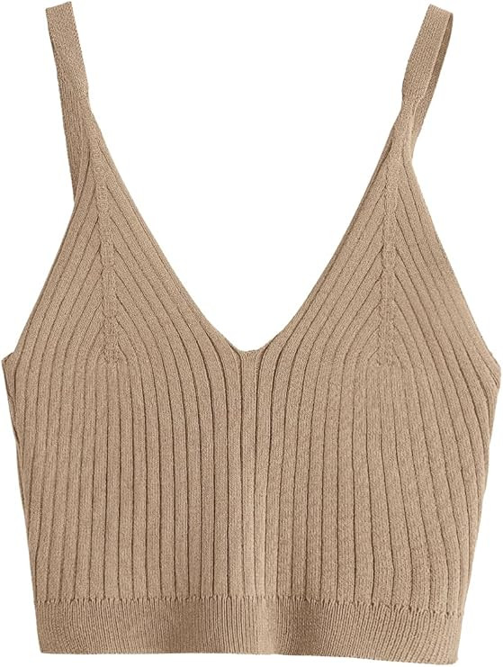 SweatyRocks Women's V Neck Crop Cami Top Ribbed Knit Spaghetti Strap Sleeveless Vest | Amazon (US)