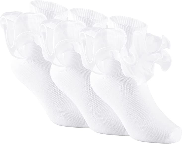 3 Pairs Girls Ruffle Socks Big Double Lace Frilly Trim Dress Socks | Amazon (US)