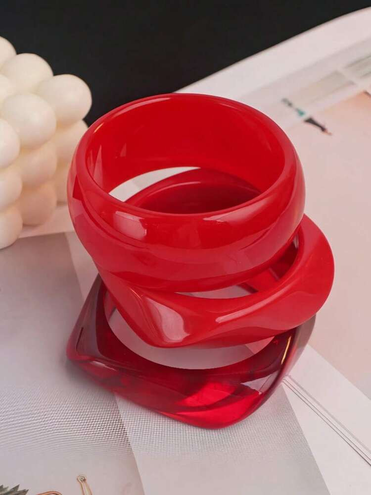 3pcs Set Red Translucent Acrylic Bangle Bracelet Set, Elegant Minimalist Dye Bracelet Combination, Can Be Worn Separately Or Stacked, Suitable For Daily Wear And Vacation | SHEIN