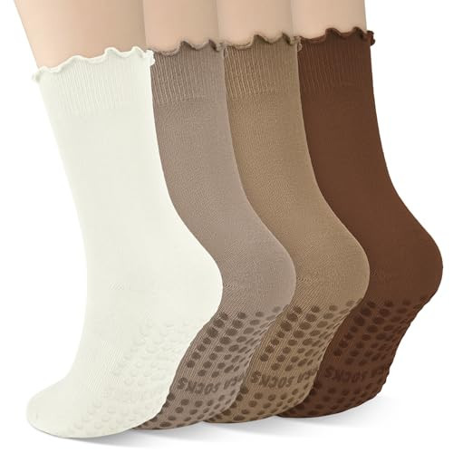 4 Pairs Pilates Socks with Grips for Women Yoga Grip Socks Pilates Non Slip Athletic Crew Cute Ballet Hospital Workout 9-11 | Amazon (US)