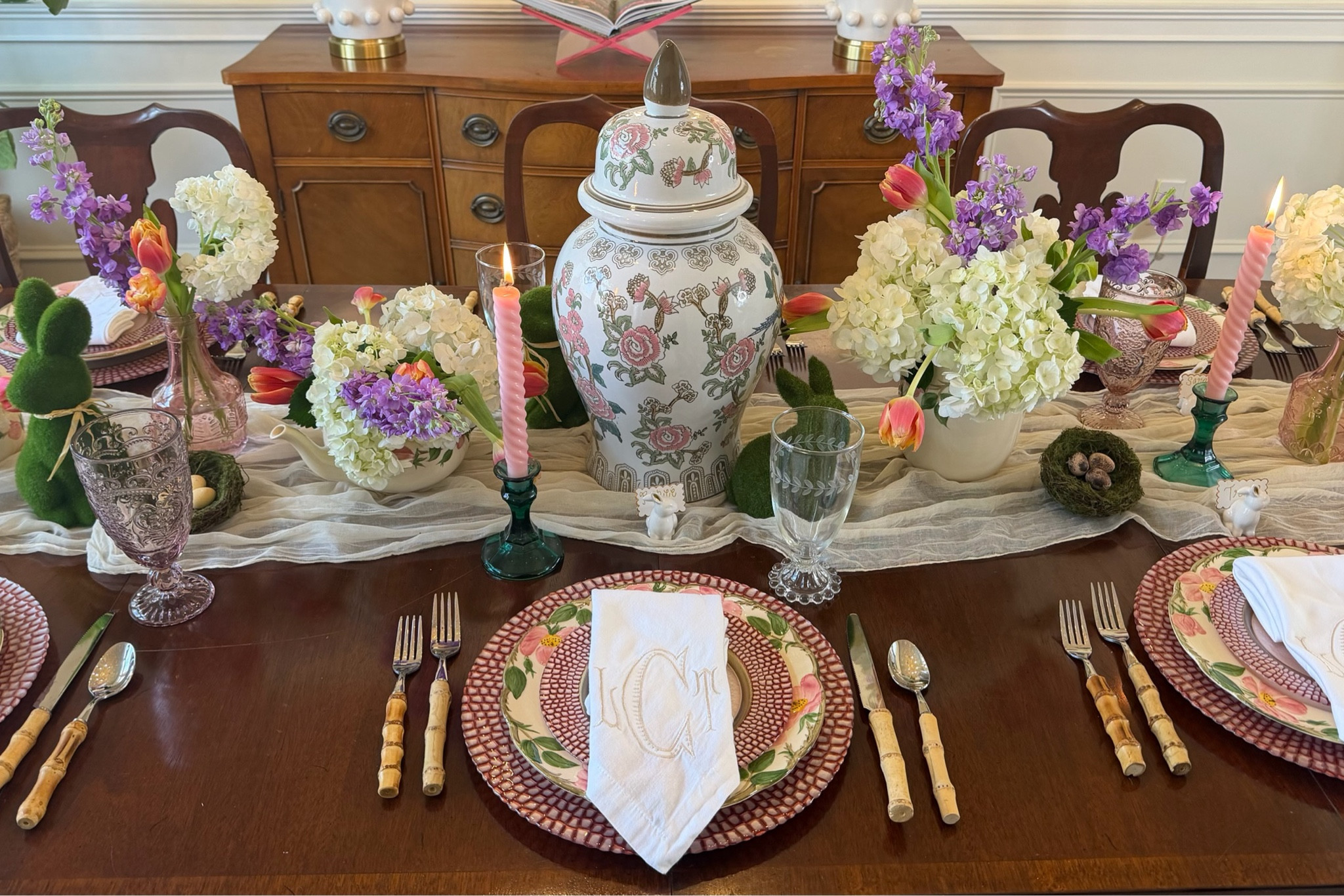 
These glass chargers and salad plates are truly works of art! They are vibrant in color + texture and bring a layer of interest ant glamour to your table. I love how it mixed perfectly with my vintage China that belonged to my grandmother for a perfect mix of old and new.  