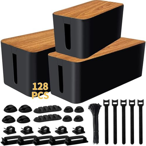 YUANYE Cable Management Box Cable Management Kit for Power Strip to Hide Wires,Cord Organizer Boxes,Safe ABS Material Wire Organizer of Cable Clips Sleeve for Home & Office,3Pack-128PCS /Black | Amazon (US)