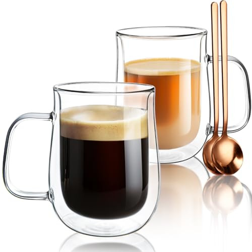 Double Walled Glass Coffee Mugs 16 OZ, Borosilicate Glass Coffee Cups Set of 2 with Spoons, Insulated Clear Coffee Mug for Hot Beverages, Cappuccino, Latte, Tea Bag. | Amazon (US)