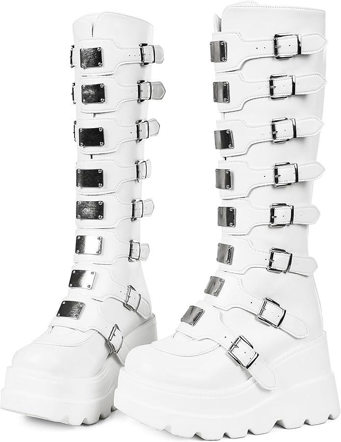 CELNEPHO Womens Wedge Platform Knee High Boots High Heel Round-Toe Zip Punk Goth Mid Calf Combat ... | Amazon (US)