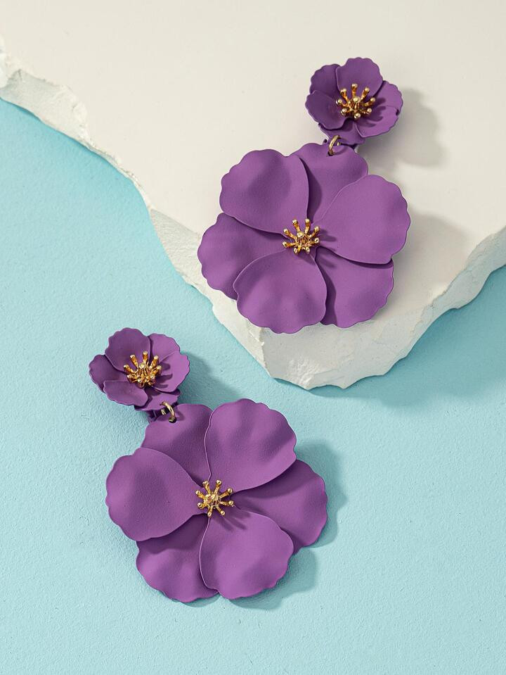 1pair Metal Colorful Multi-Layer Flower Shaped Drop Earrings, Asymmetrical Design, Dating Gift Va... | SHEIN