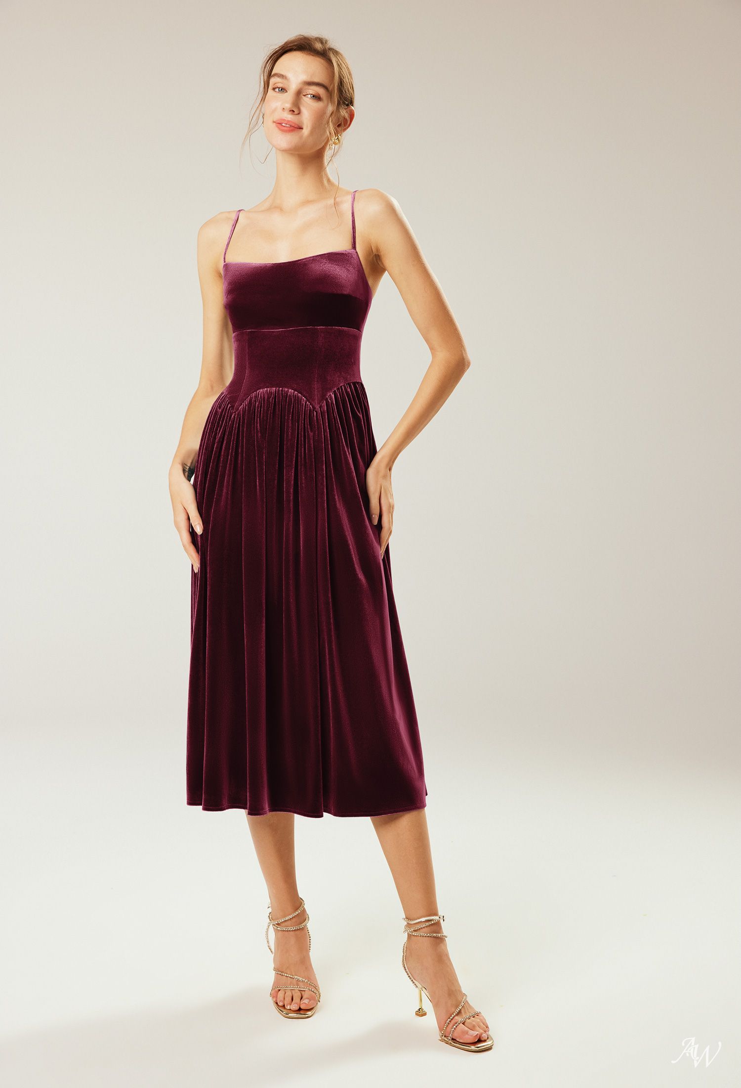 AW Tibby Dress, Burnt Orange Velvet Tea Length Straight Neckline Bridesmaid Dresses | AW Bridal | AW Bridal