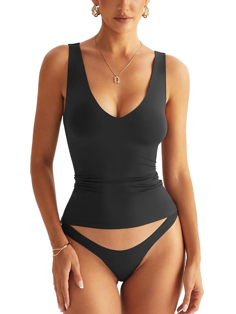 Womens V Neck Tank Tops Sleeveless Double Lined Basic Tops Slim Fit Summer Shirts 2025 | Amazon (US)