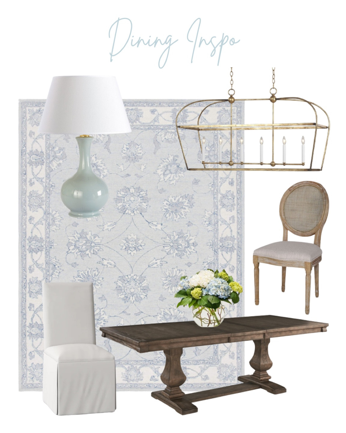 Dining inspo. Brass linear chandelier. Upholstered slipcover dining chairs. Blue lamps. Trestle dining table  

#LTKhome #LTKsalealert #LTKSeasonal