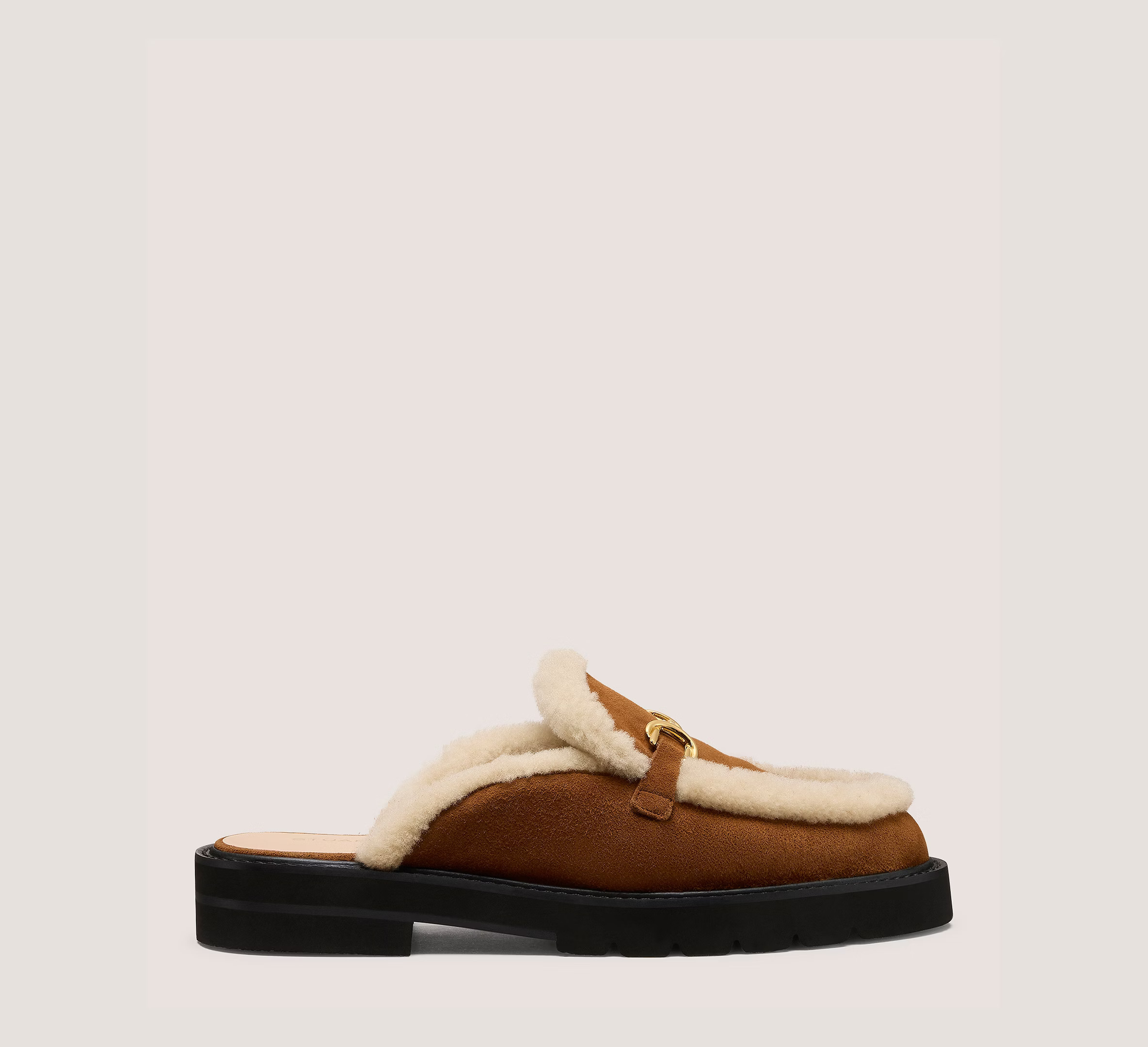 Stuart Weitzman Owen Buckle Shearling Mule, Cognac Brown & Natural Suede/Curly Shearling, Size: 8.5 Medium | Stuart Weitzman Outlet