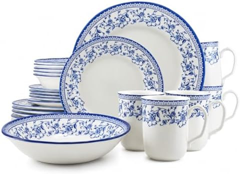 Tudor Royal 24-Piece Round Dinnerware Set, Service for 6, Aster Blue Design, Blue Floral, Plates ... | Amazon (US)